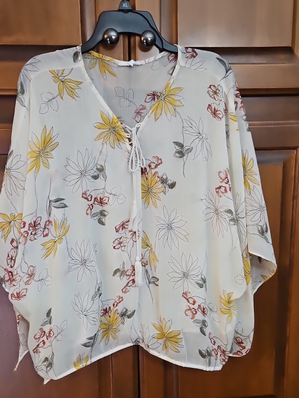 Lightweight Floral Tie-Front Blouse - White with Yellow & Rust Flowers